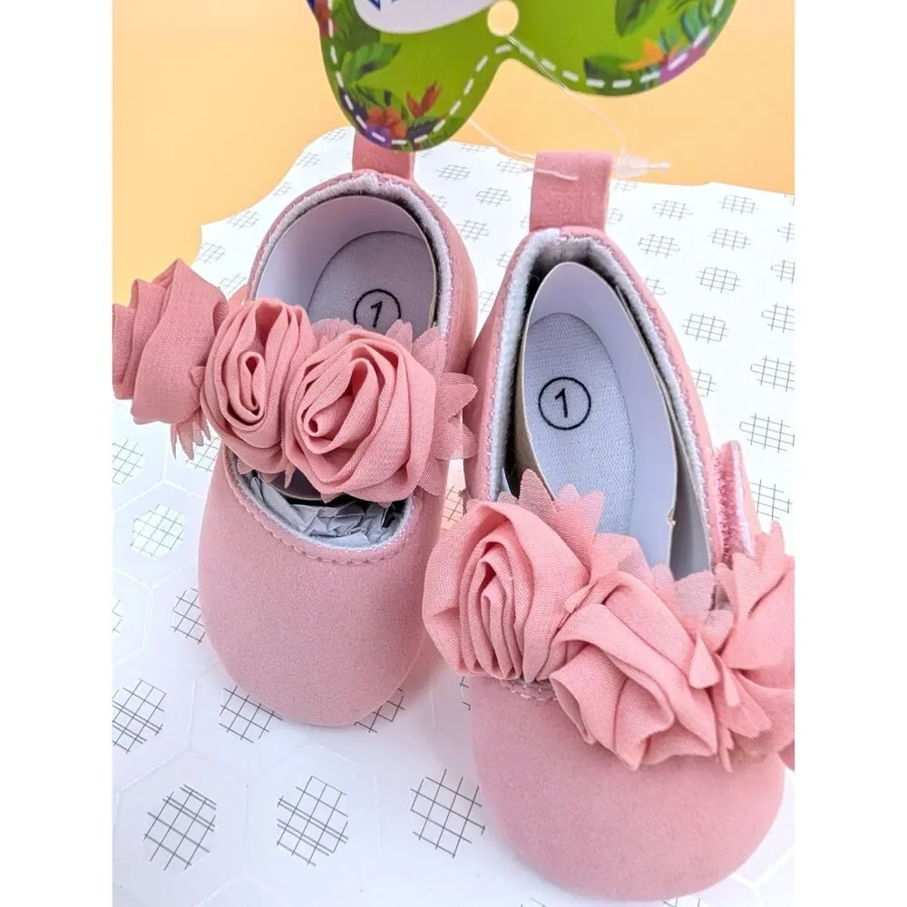 Newborn Baby Girl Pink Mary Jane Crib Dress Shoes Satin Rose Size 1